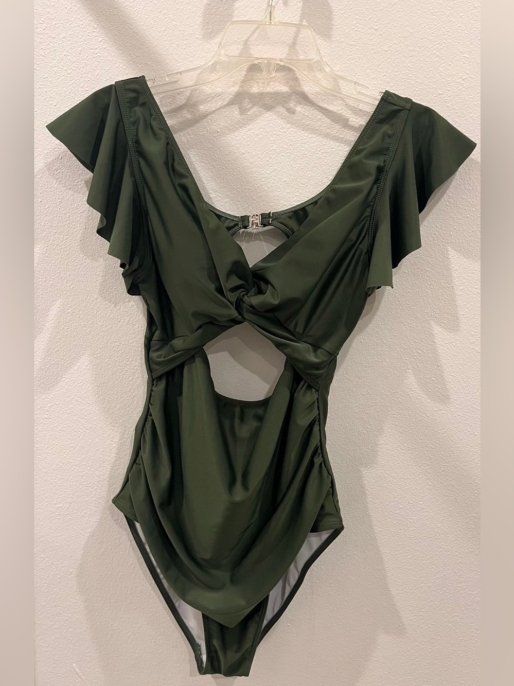 NWOT Ruffled Sleeve Twist Front One-Piece Swimsuit - Olive